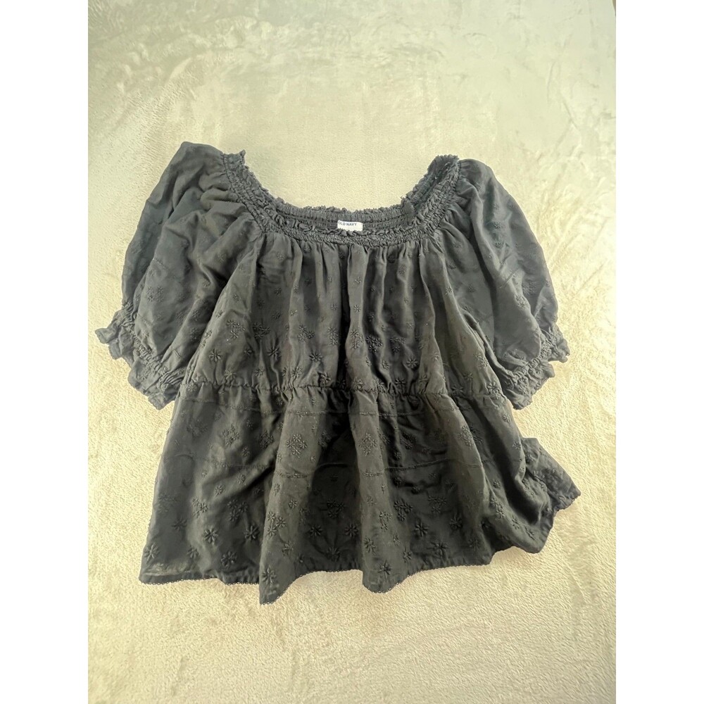 Old Navy Blouse Womens 2X Black Floral Embroidered Puff Sleeve Off the Shoulder